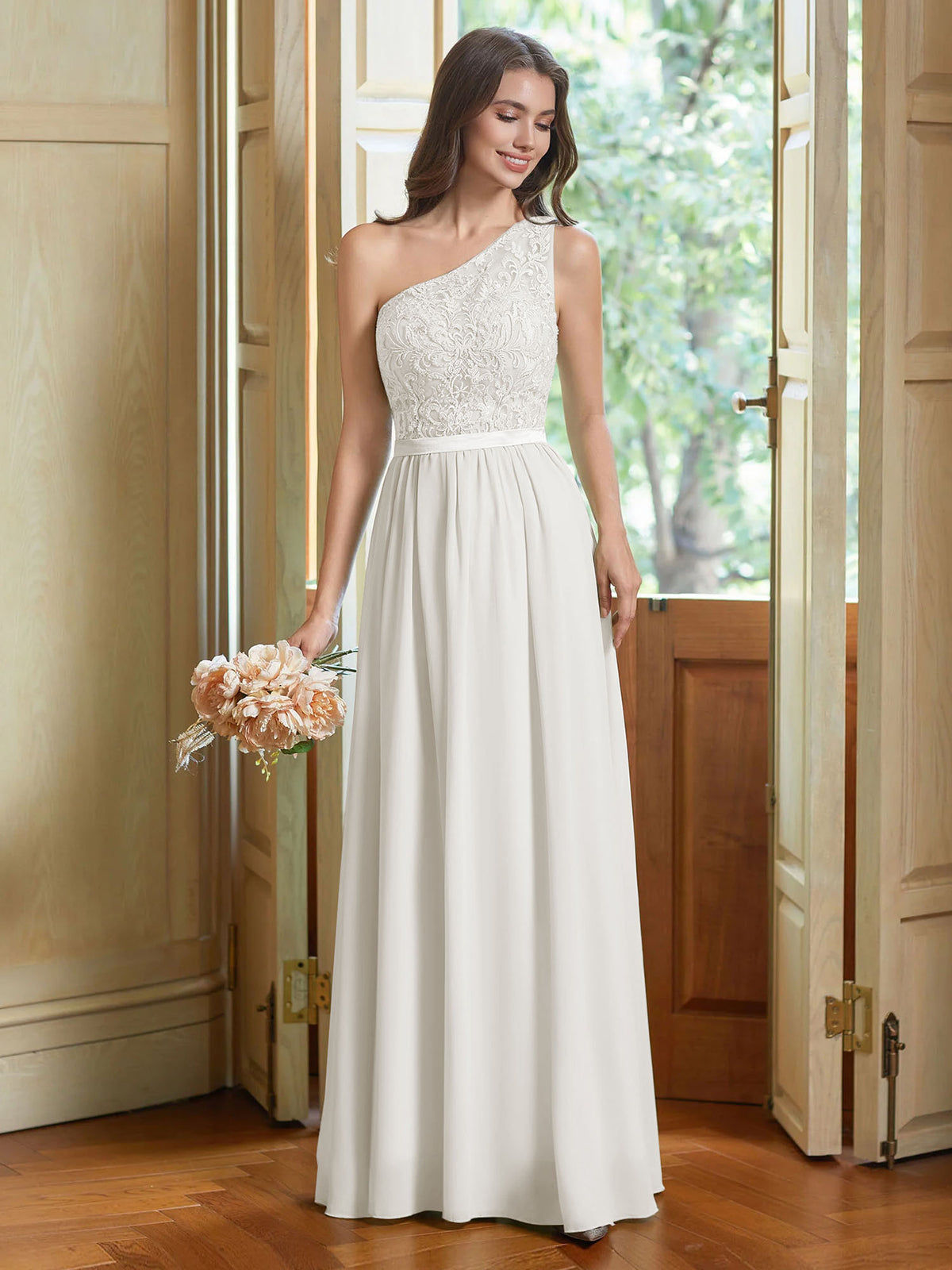 Hochzeitskleid aus Spitze und Chiffon mit einer Schulter, A-Linie, für die Braut #FEWD006