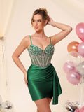 Robe de cocktail de cérémonie en satin, corset perlé à col en V, avec traîne #HC2604042
