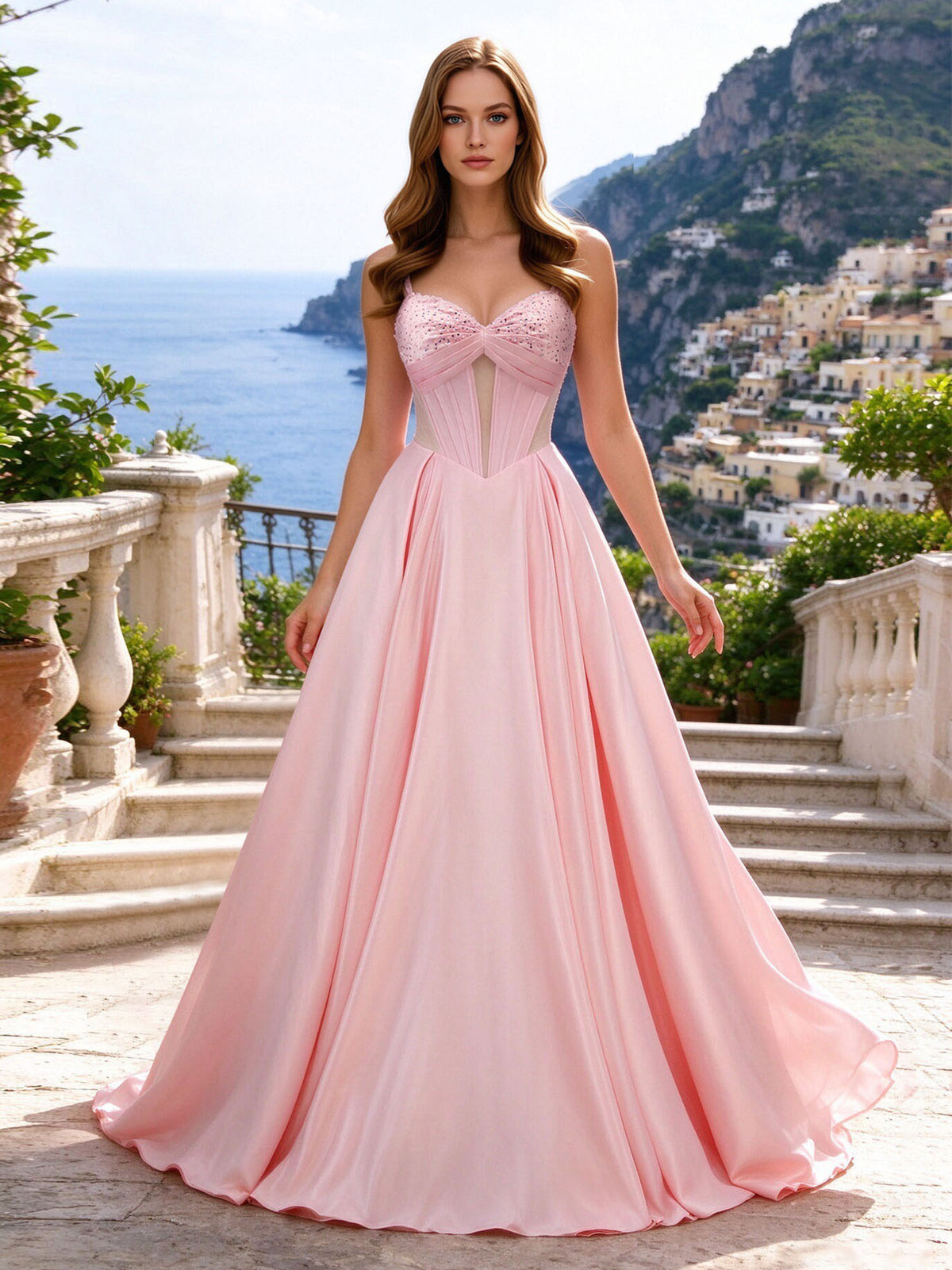 Robe de bal longue de soirée formelle en satin perlé, corset, coupe trapèze et dos nu #PR2606012