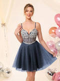 Abito corto da ballo in tulle scintillante con strass, scollo a V e corsetto #FEHC005