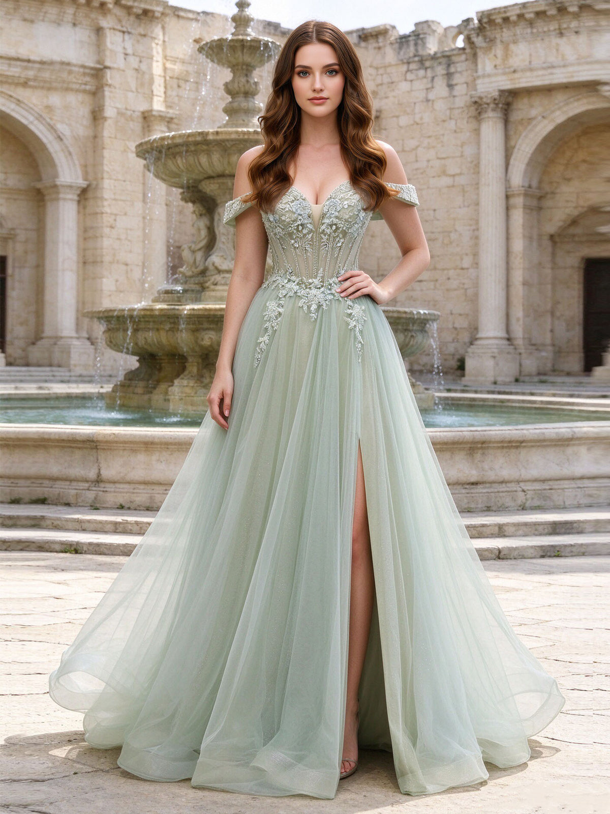 Off-Shoulder 3D Floral Beaded Appliqué Glitter Tulle A-Line Prom Dress