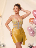 Robe de cocktail de cérémonie en satin, corset perlé à col en V, avec traîne #HC2604042