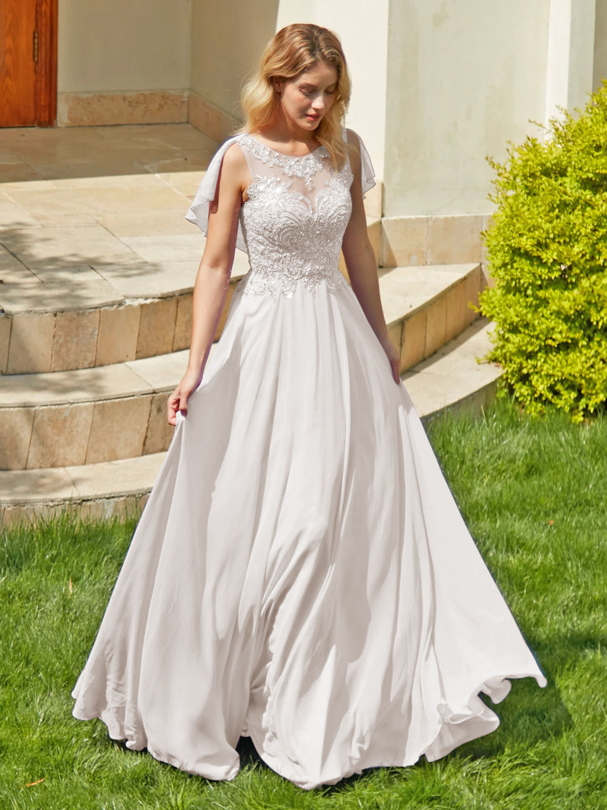 Vestido de novia de gasa con encaje, mangas tipo capa, largo y corte en A; vestido de gala formal #FEWD013
