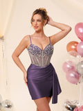 Robe de cocktail de cérémonie en satin, corset perlé à col en V, avec traîne #HC2604042