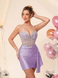 Robe de cocktail de cérémonie en satin, corset perlé à col en V, avec traîne #HC2604042