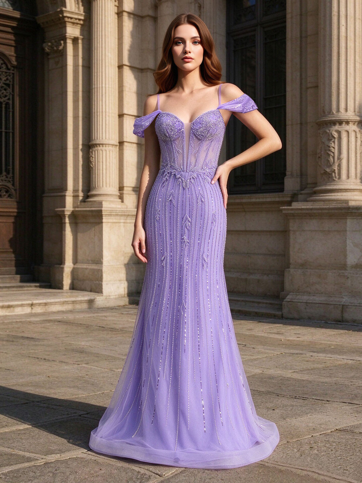 Off Shoulder Mermaid Prom Dress Spaghetti Straps Sheer Mesh With Vertical Beading & 3D Floral Appliques #PR2510004