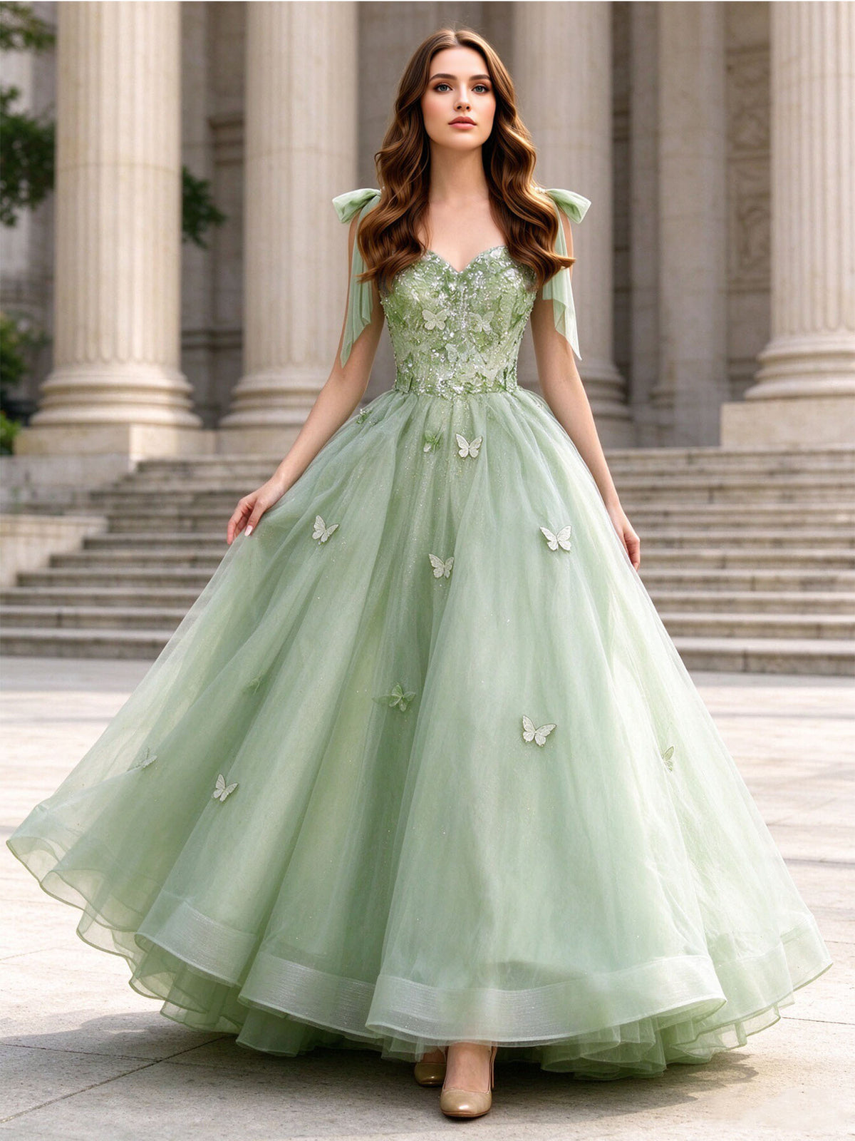 Glitter Tulle Prom Dress 3D Butterfly Appliqués Sweetheart Neck Bow Shoulder Straps Formal Evening Gown