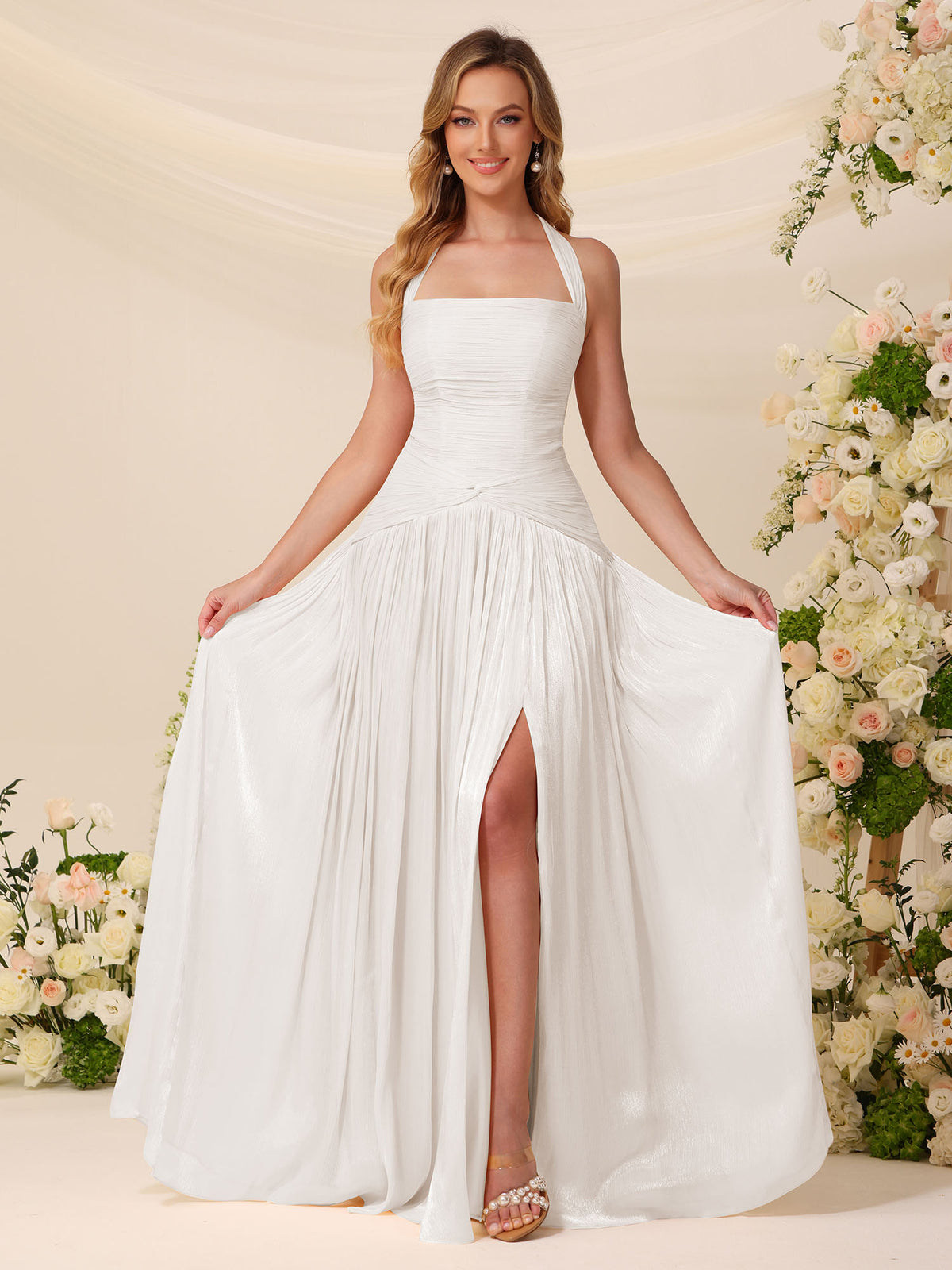 Gúna bainise chiffon glioscarnach le halter, coim íslithe agus cruinnithe don bhrídeog #FEWD007